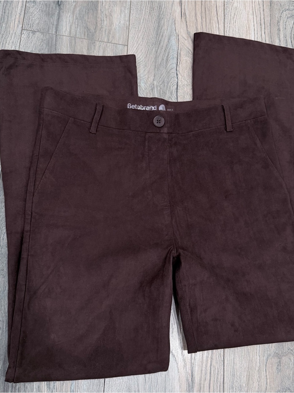 Betabrand Faux Suede Wide Leg Bellbottom Dress Yoga Pants Chocolate Brown Sz L
